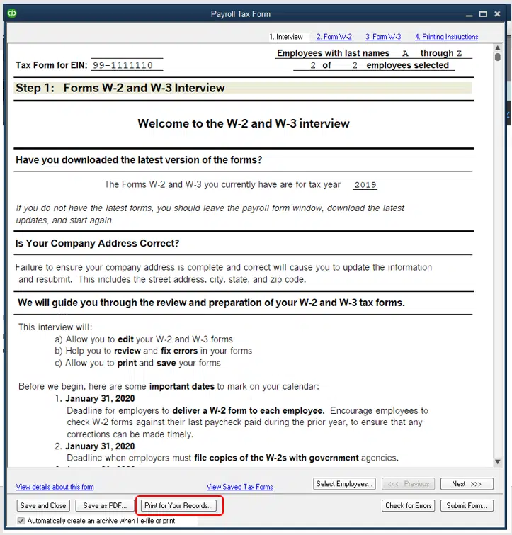 Print W-2 and W-3 forms in QBDT Payroll Assisted