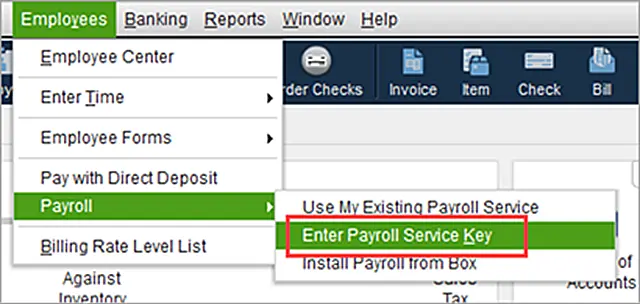 QuickBooks Payroll Service Key window
